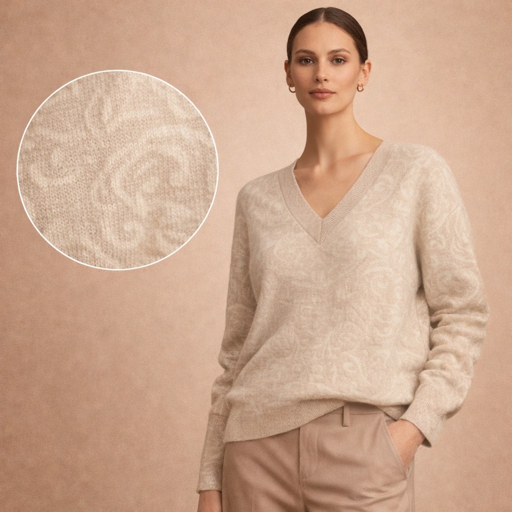 Future Collective Cream Jacquard V Neck Sweater Minimalist Chic Size S
